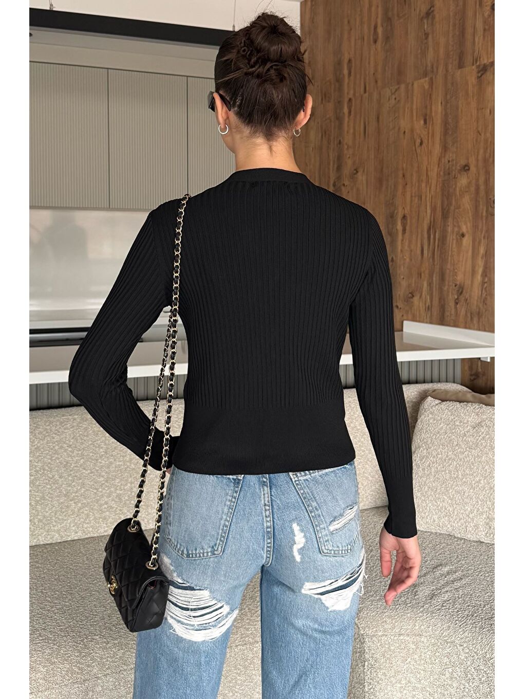 Siyah Kadın Kendinden Çizgi Desenli Gold Düğme Detaylı Triko Hırka (s-m-l Beden Uyumludur.)-3