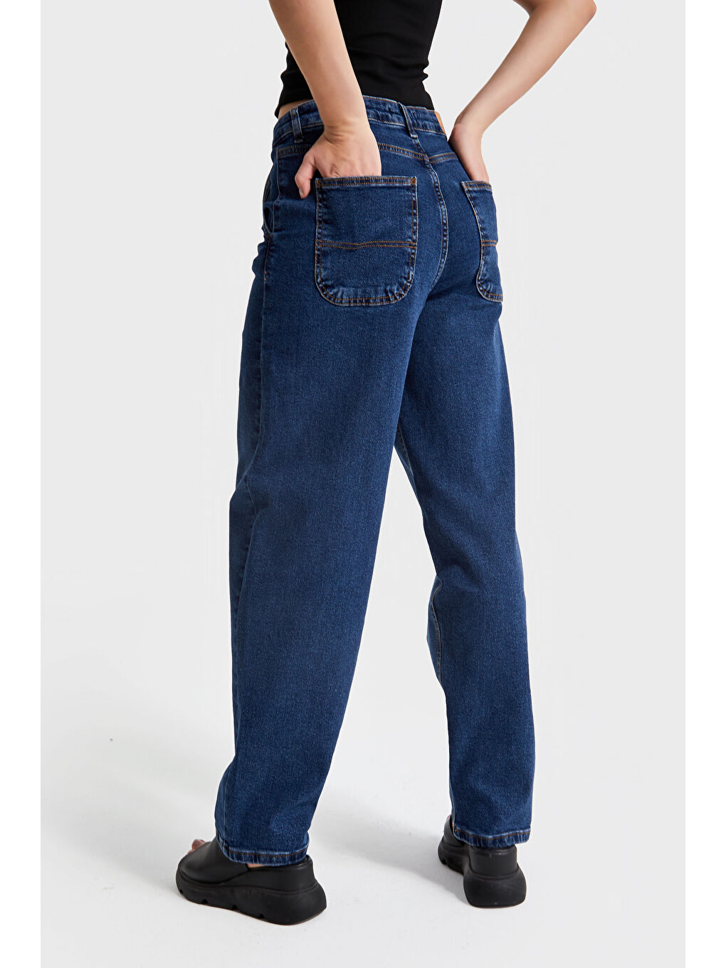 Kadın Koyu Mavi Renk 1W4 5 Skater Fit Elastanlı Kumaş Bol Kesim Denim Jean-4