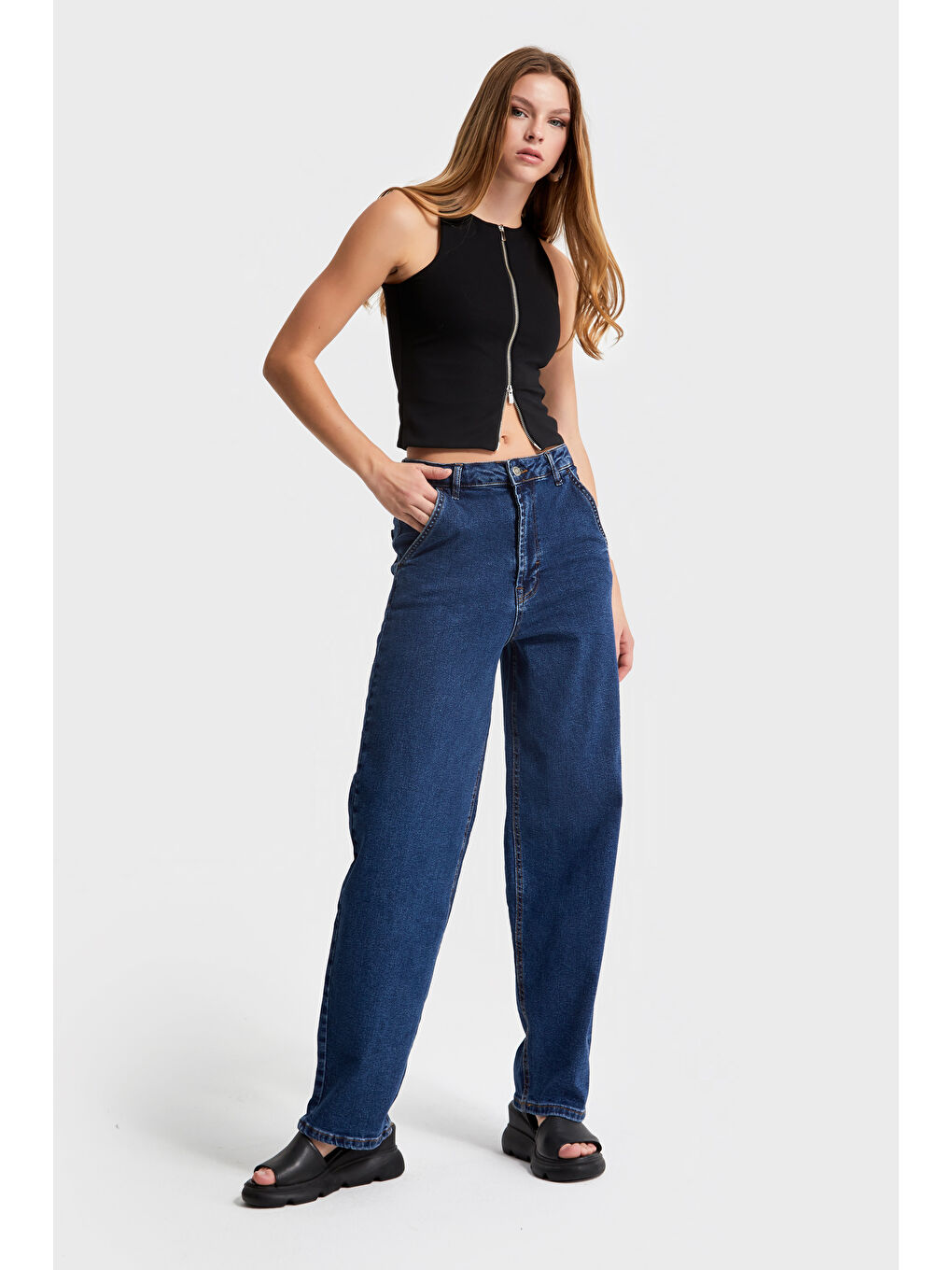 Kadın Koyu Mavi Renk 1W4 5 Skater Fit Elastanlı Kumaş Bol Kesim Denim Jean-5