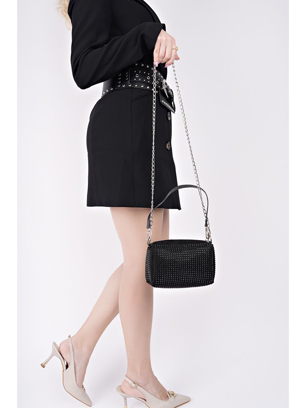 Siyah SHİNY Kadın Zincirli ve Taşlı El ve Omuz Çantası-2