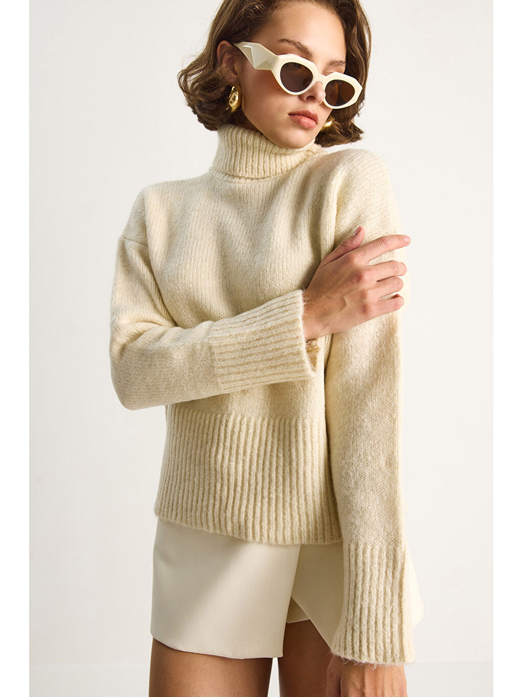 Ekru Kadın Balıkçı Yaka Kazak-4