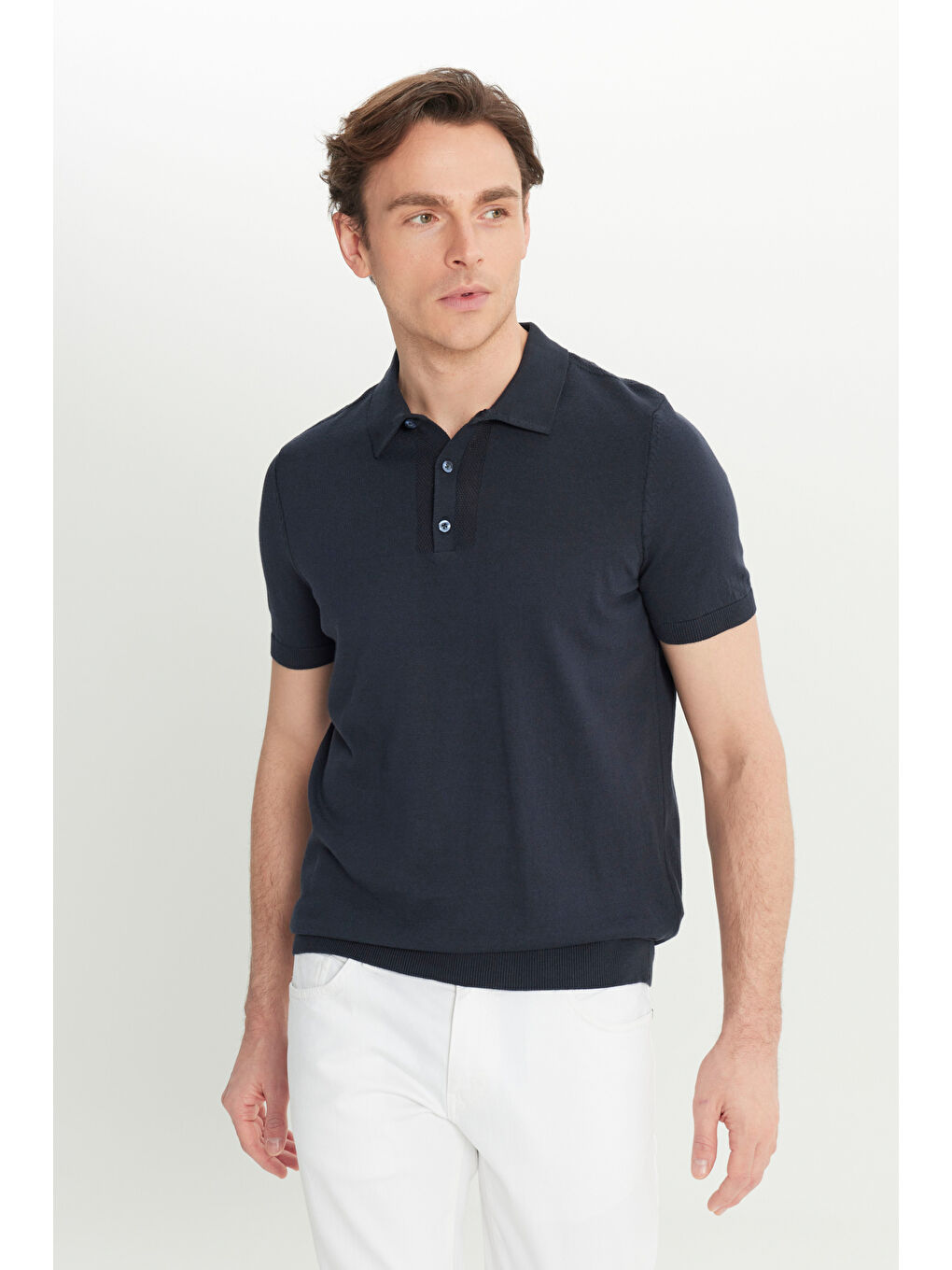 Erkek Lacivert %100 Pamuk Standart Fit Normal Kesim Polo Yaka Triko Tişört