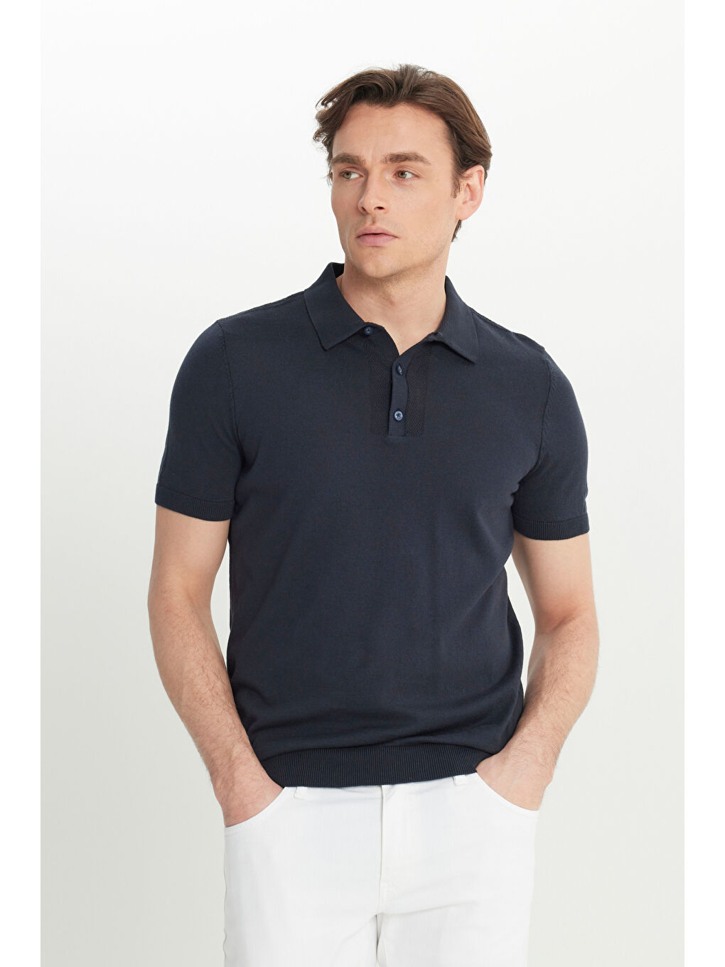 Erkek Lacivert %100 Pamuk Standart Fit Normal Kesim Polo Yaka Triko Tişört-2