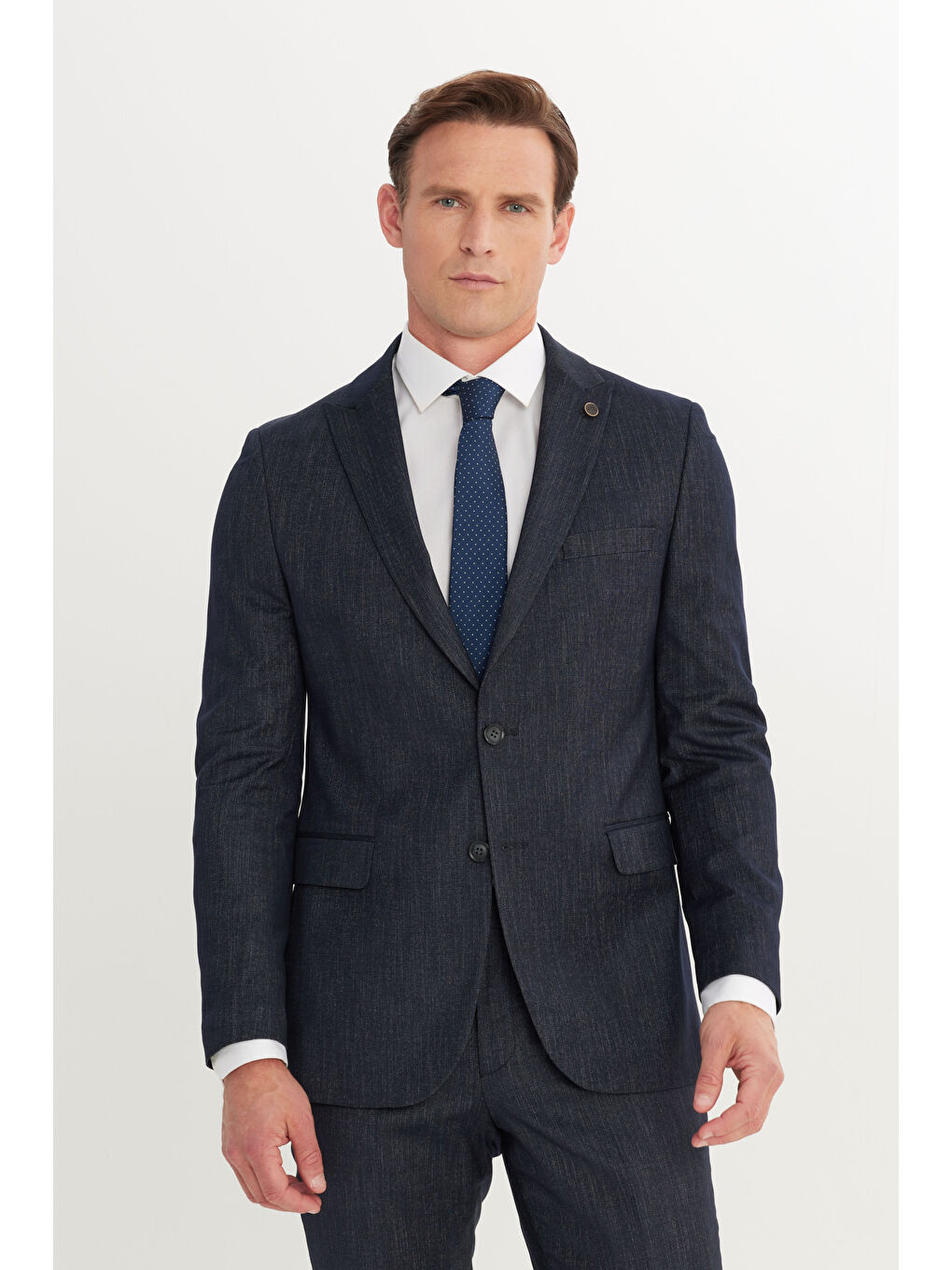 Erkek Lacivert Slim Fit Dar Kesim Kırlangıç Yaka Desenli Torba Cepli Takım Elbise