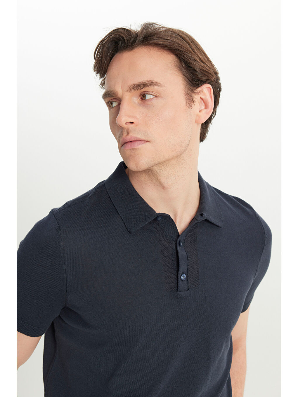 Erkek Lacivert %100 Pamuk Standart Fit Normal Kesim Polo Yaka Triko Tişört-3