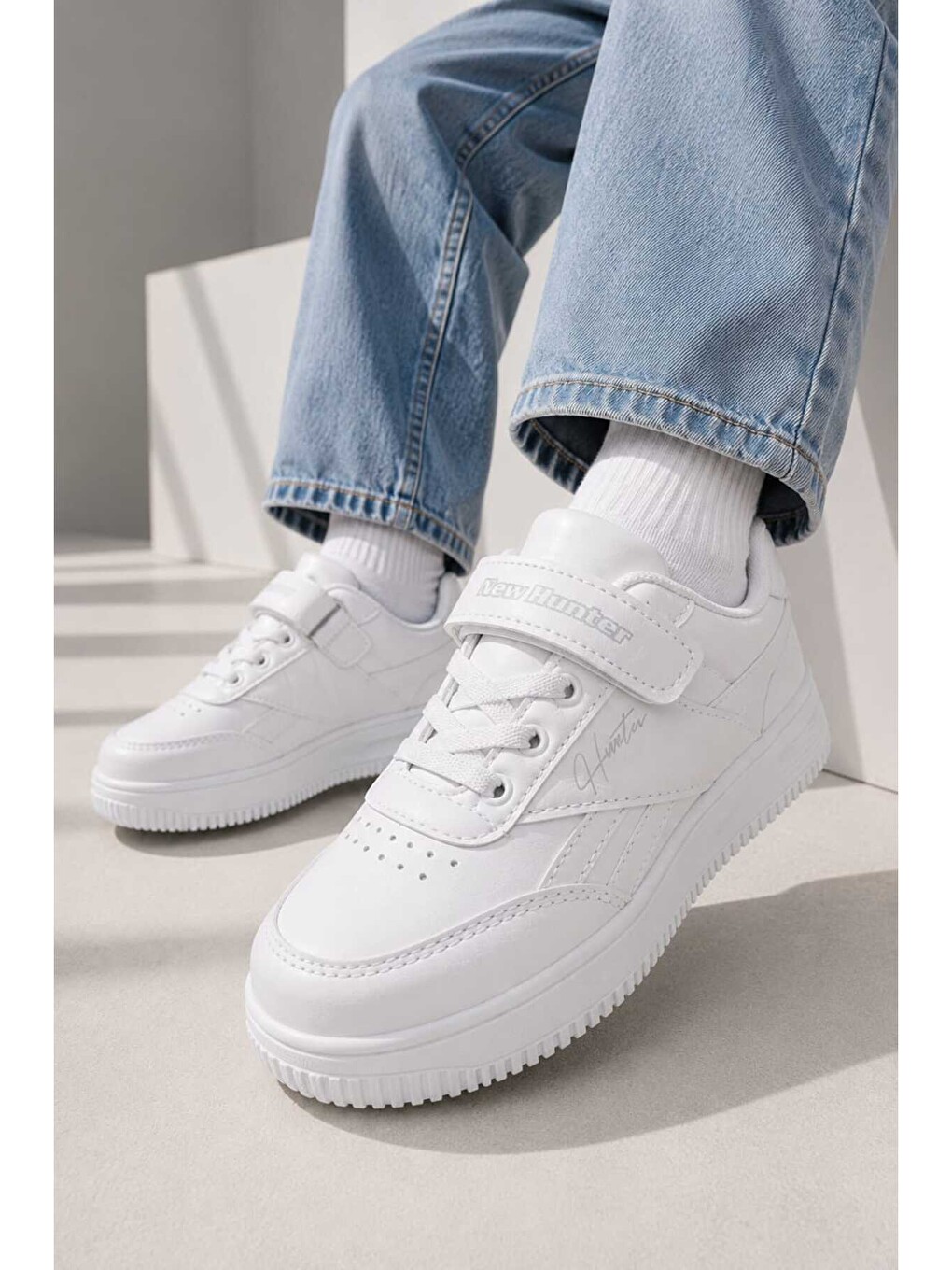 Beyaz Çocuk Günlük Spor Ayakkabı Okul-günlük Cırt Cırtlı Rahat Sneaker Hafif Kaymaz Taban-3