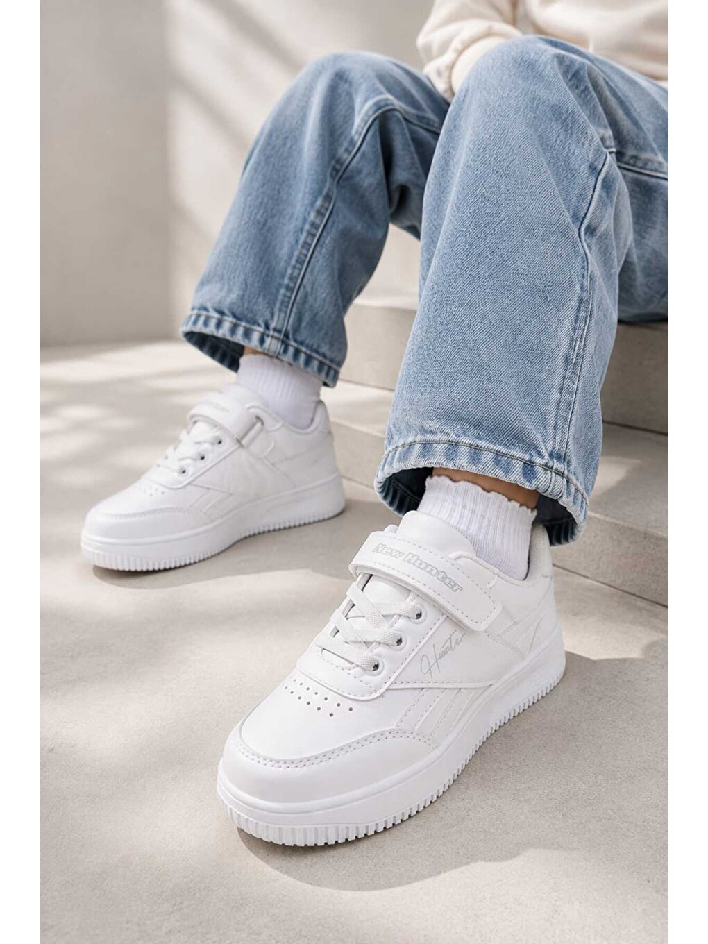 Beyaz Çocuk Günlük Spor Ayakkabı Okul-günlük Cırt Cırtlı Rahat Sneaker Hafif Kaymaz Taban-5