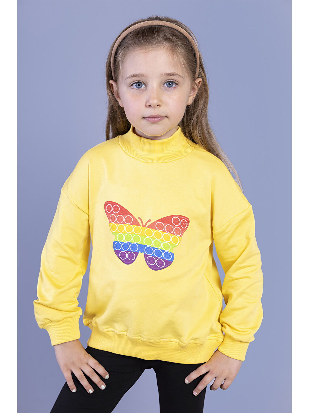 Toontoykids Sarı Kız Çocuk Pamuklu Balıkçı Yaka Popıt Desenli Sweatshirt