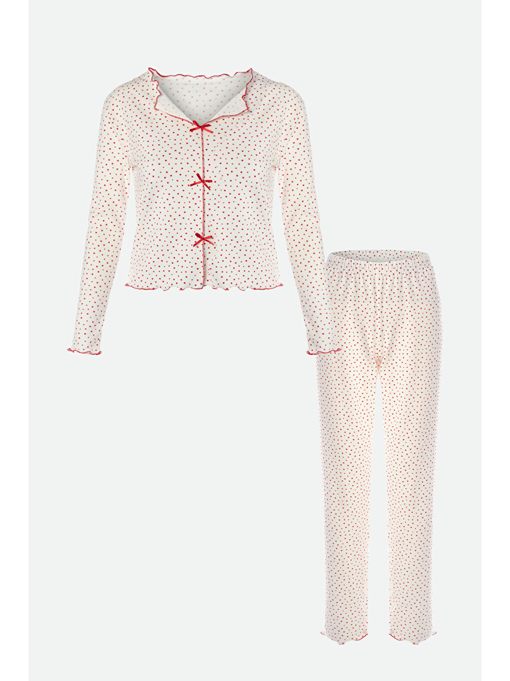 Kırmızı Kadın Pamuklu Çıtır Çiçek Desenli Baby Overloklu Fiyonk Detaylı Uzun Kollu Pijama Takımı