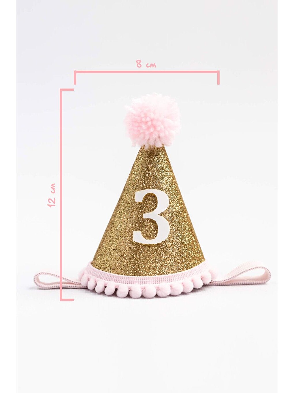 Pembe 3 Yaş Ponponlu Huni Doğum Günü Tacı-1
