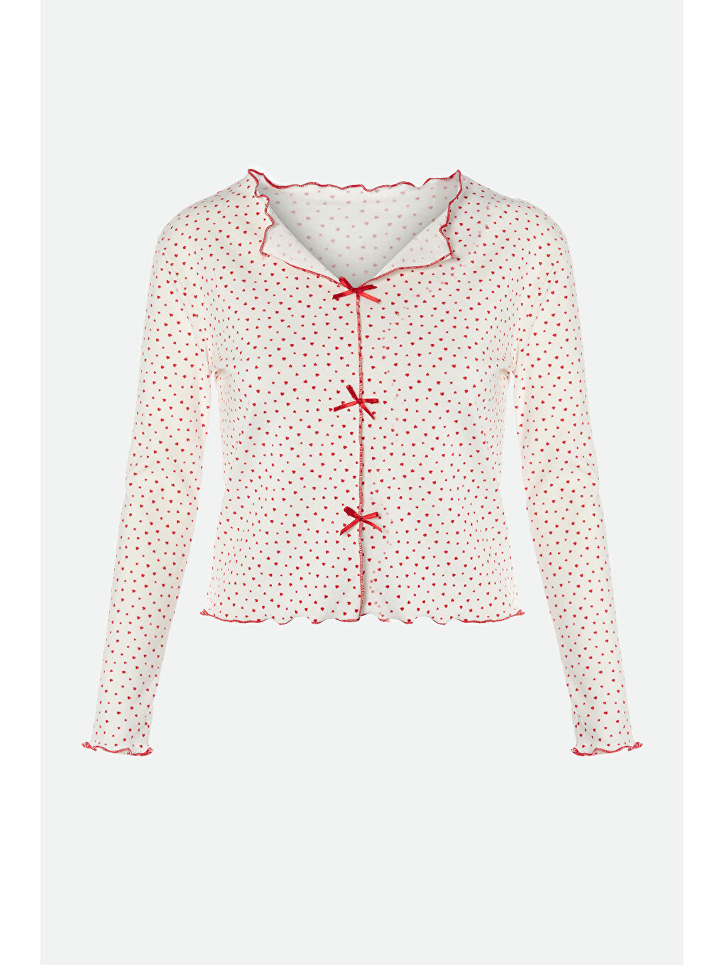 Kırmızı Kadın Pamuklu Çıtır Çiçek Desenli Baby Overloklu Fiyonk Detaylı Uzun Kollu Pijama Takımı-1