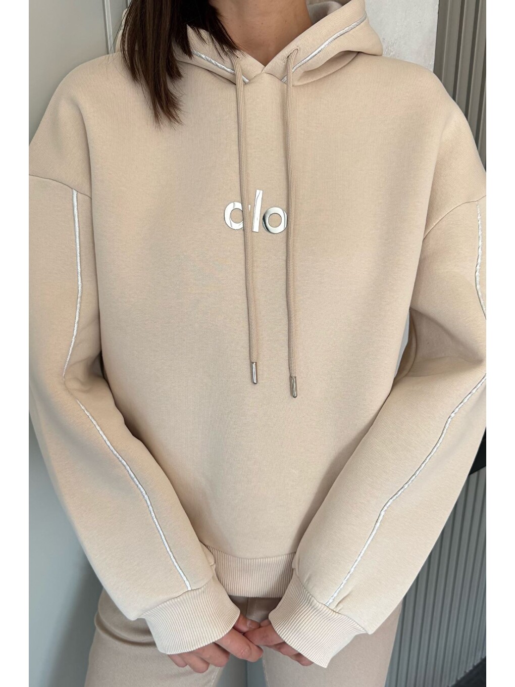 Bej Kadın Kapüşonlu Baskılı Şardonlu Sweatshirt-2