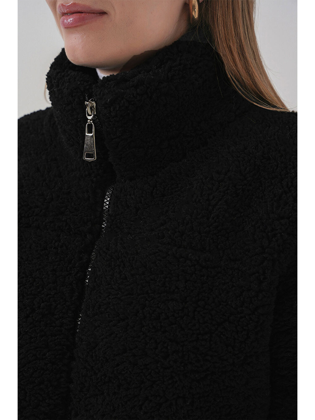 5178 Astarlı Pelüş Mont   Siyah-5