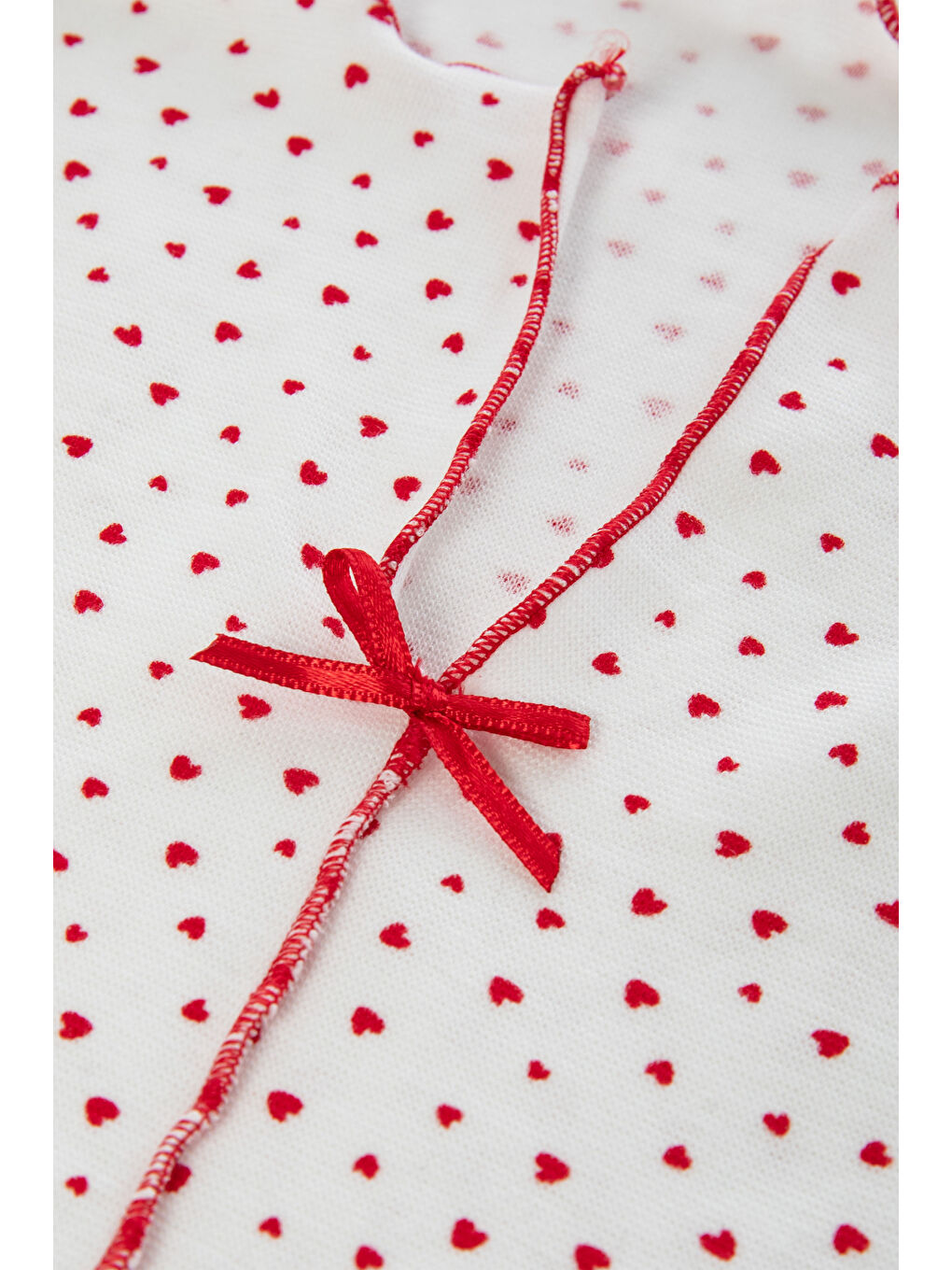 Kırmızı Kadın Pamuklu Çıtır Çiçek Desenli Baby Overloklu Fiyonk Detaylı Uzun Kollu Pijama Takımı-3