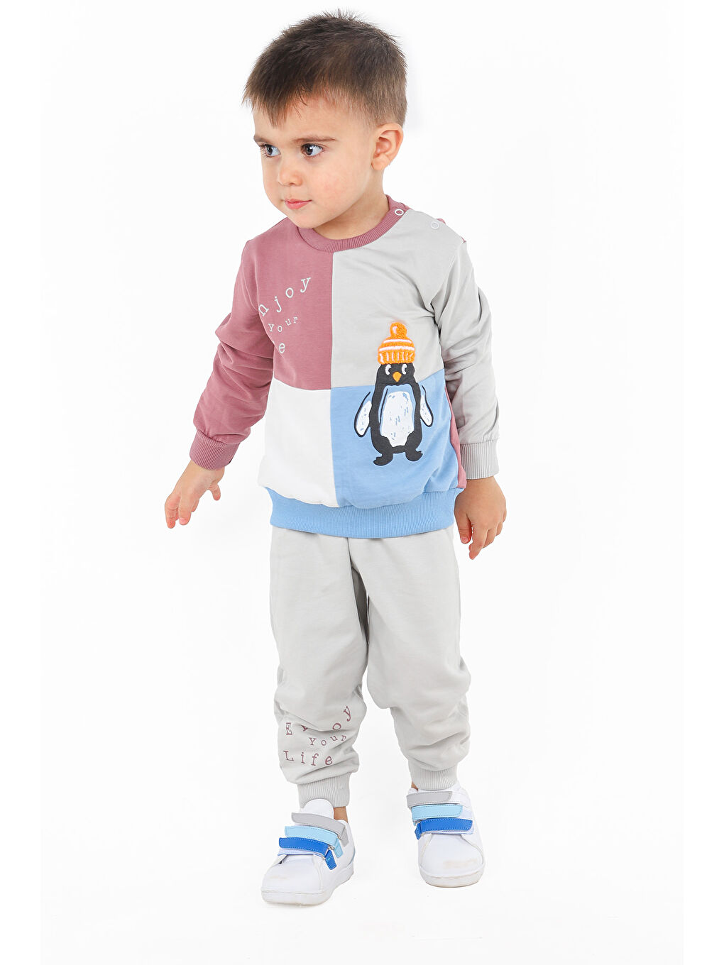 KİKO Gri Penguen Baskılı Erkek Bebek Sweatshirt Eşofman 2'Li Takım - 1