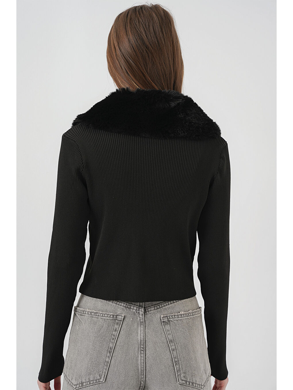 15922 Yakası Kürklü Triko Hırka - Siyah-5