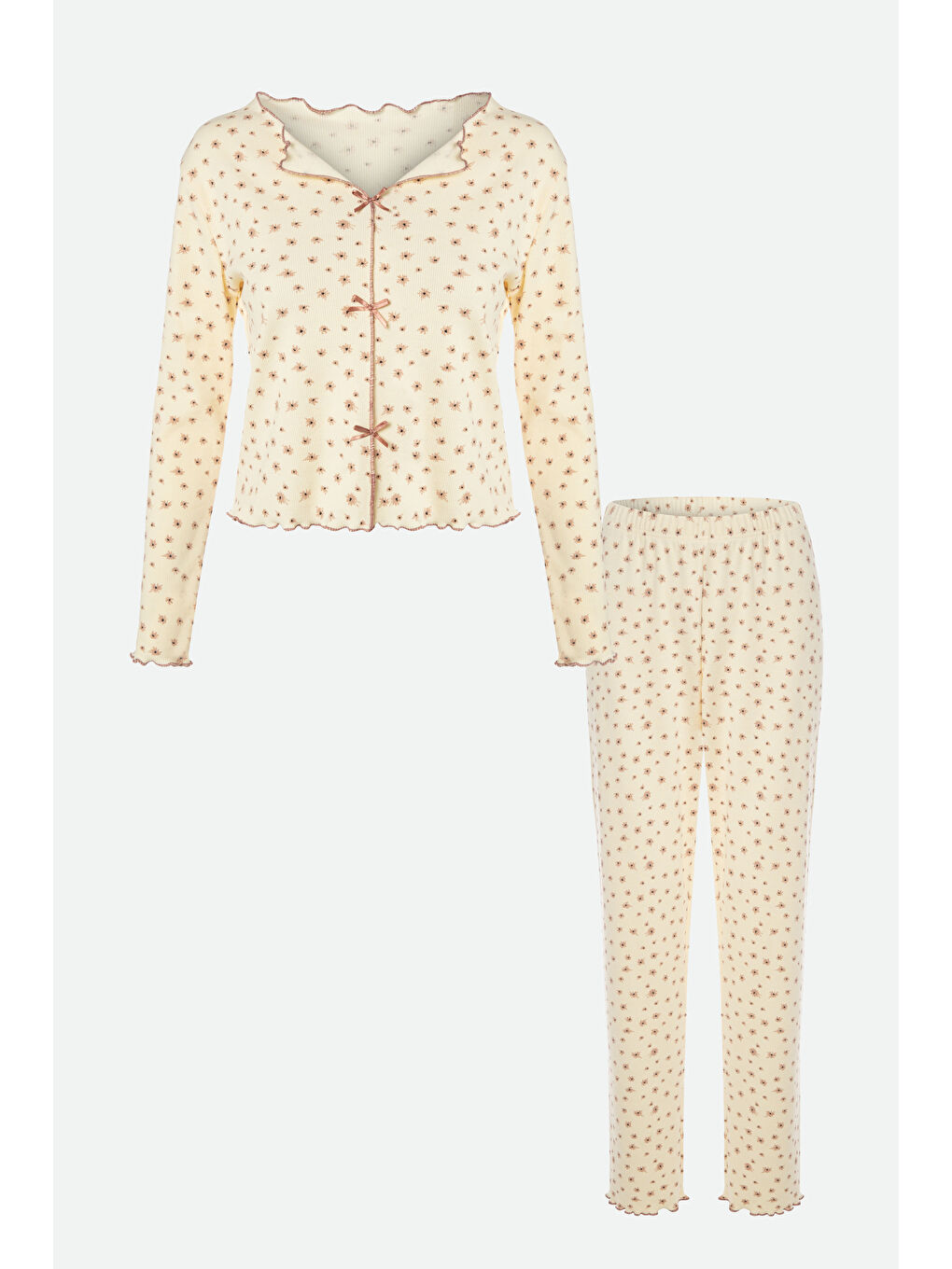 Lila Kadın Pamuklu Çıtır Çiçek Desenli Baby Overloklu Fiyonk Detaylı Uzun Kollu Pijama Takımı