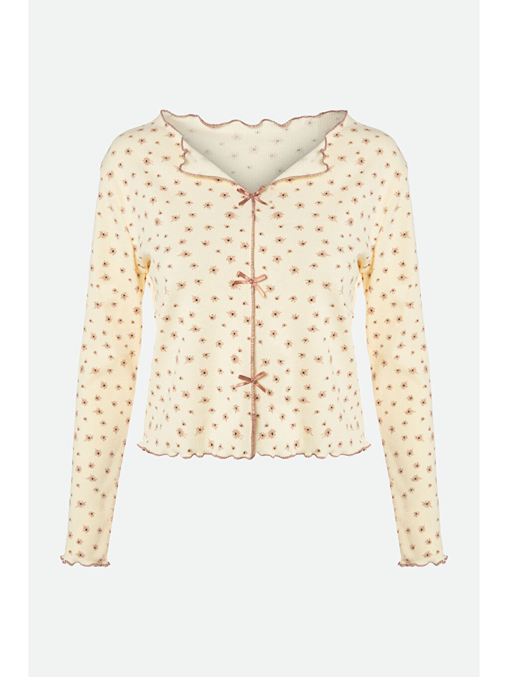 Lila Kadın Pamuklu Çıtır Çiçek Desenli Baby Overloklu Fiyonk Detaylı Uzun Kollu Pijama Takımı-1