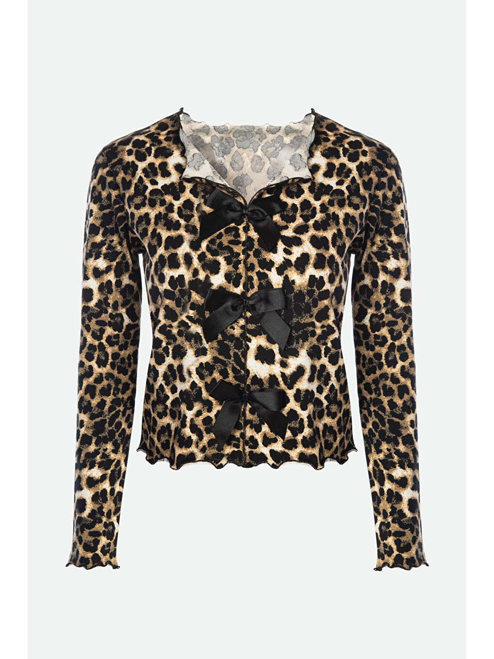 Kahverengi Kadın Pamuklu Çıtır Çiçek Desenli Baby Overloklu Fiyonk Detaylı Uzun Kollu Pijama Takımı-1