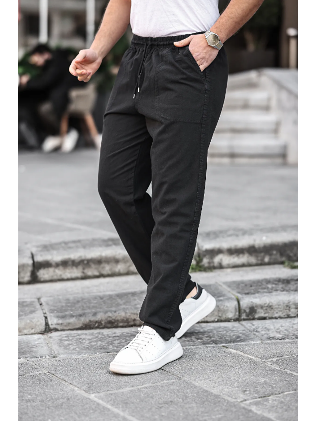 Erkek Siyah Relaxed Fıt Pamuklu Keten Pantolon-1