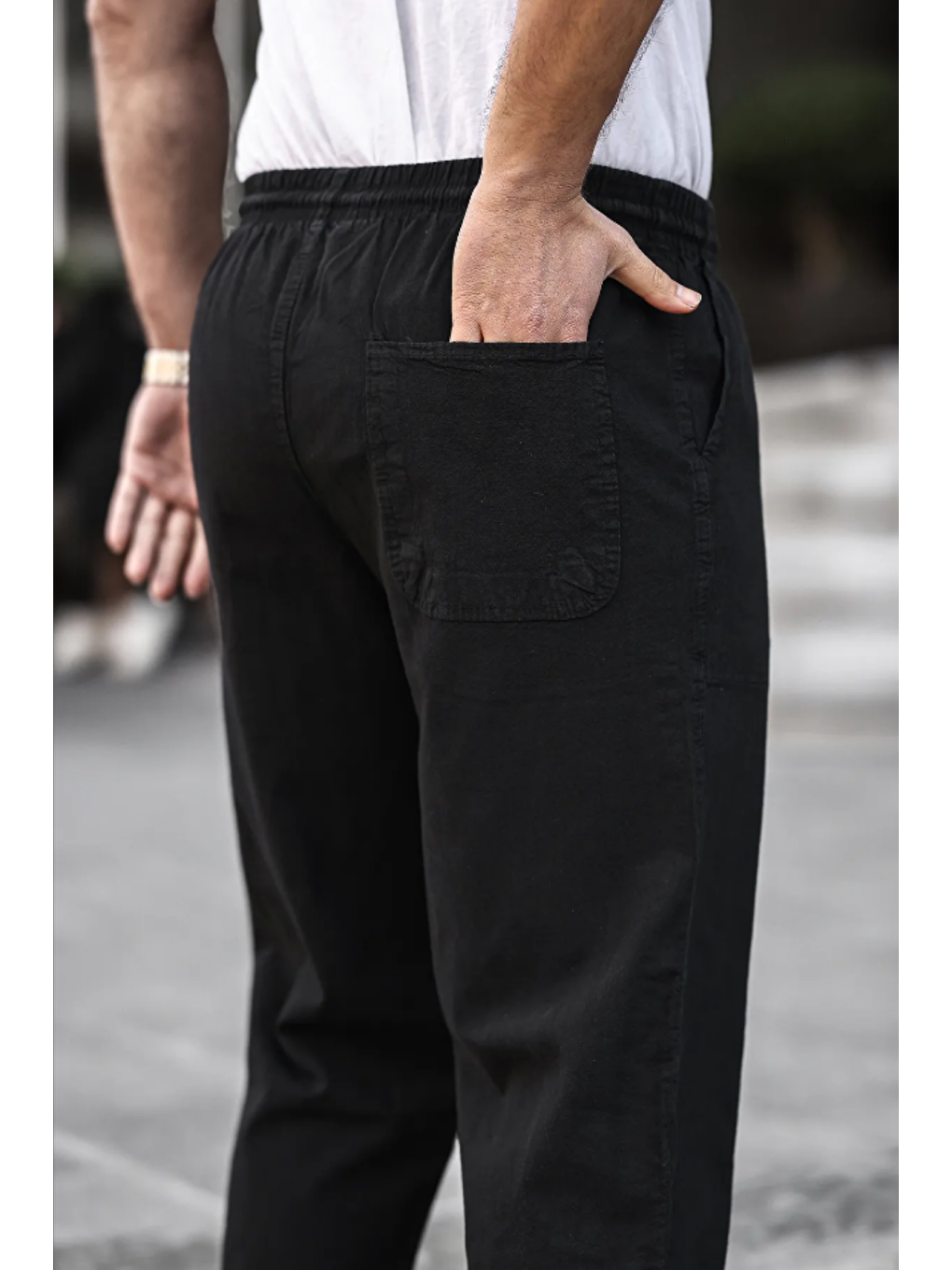 Erkek Siyah Relaxed Fıt Pamuklu Keten Pantolon-2