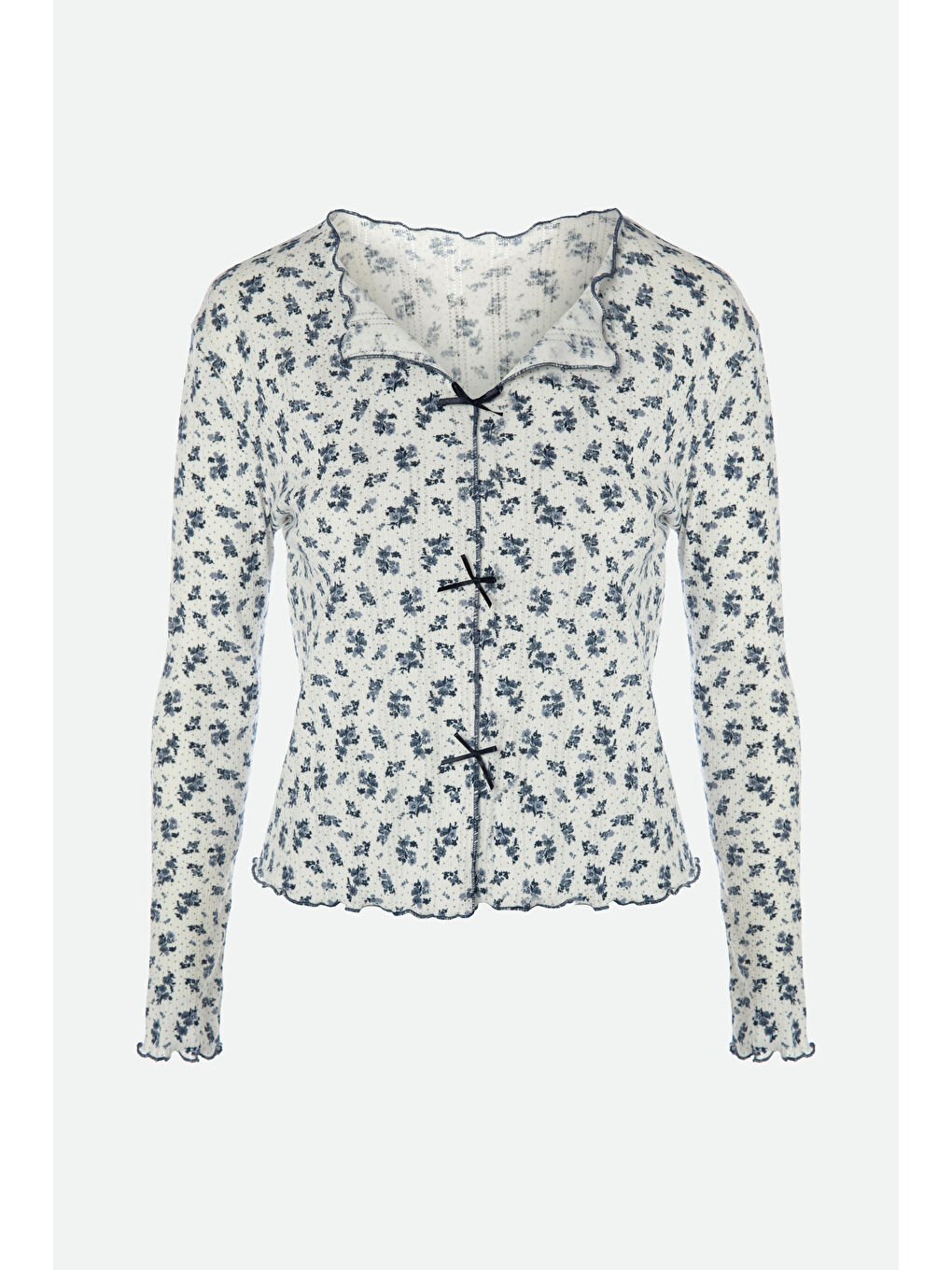 Lacivert Kadın Pamuklu Çıtır Çiçek Desenli Baby Overloklu Fiyonk Detaylı Uzun Kollu Pijama Takımı-1