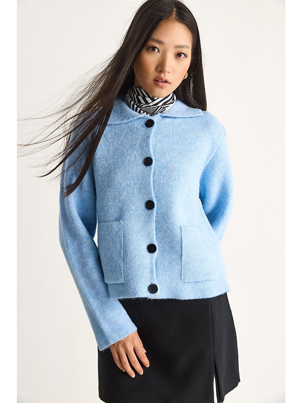 Mavi Kadın Cepli Hırka-1