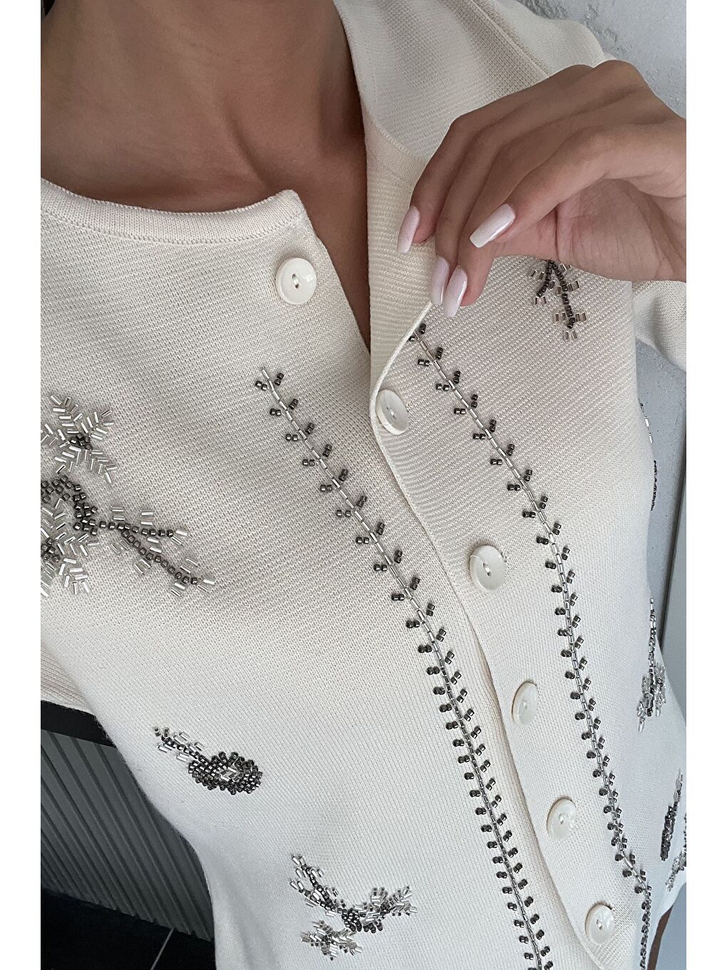 Ekru Taşlı Triko Hırka-1
