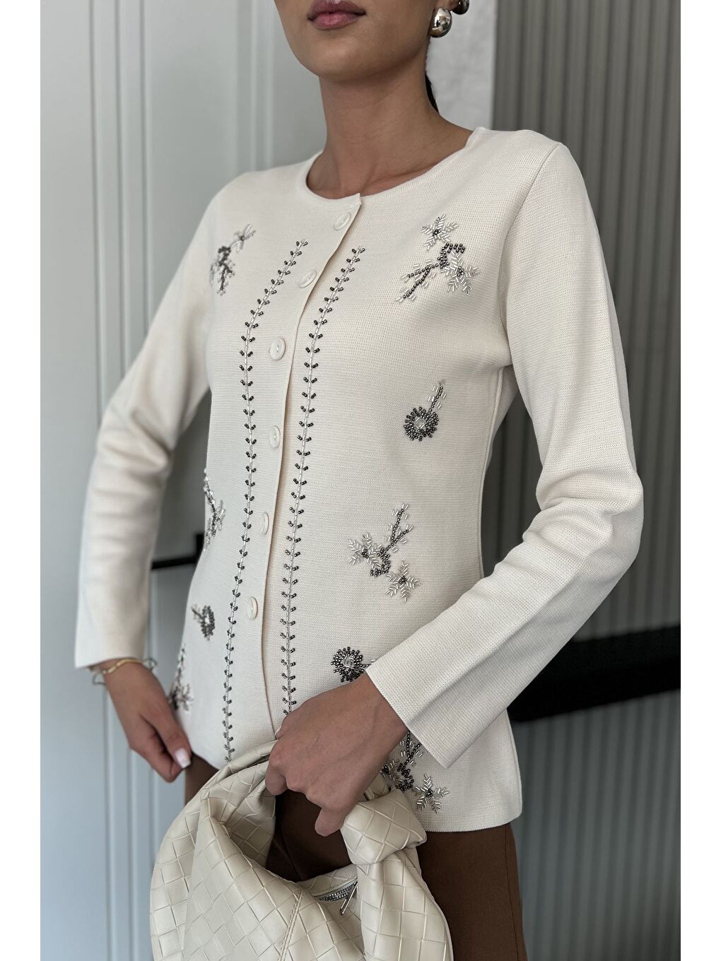 Ekru Taşlı Triko Hırka-2