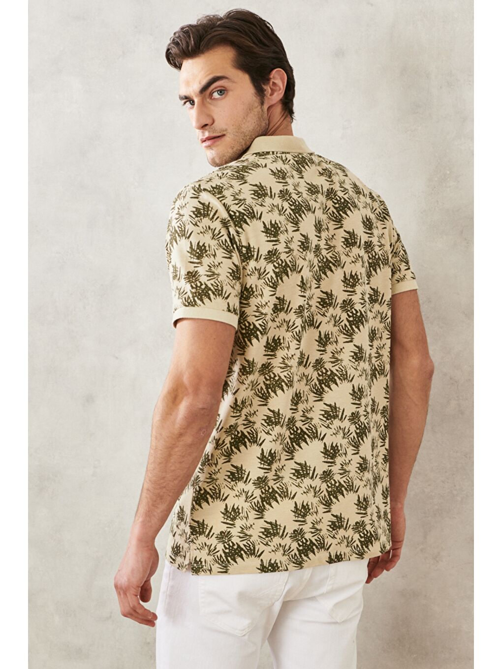 Erkek Bej-Haki Slim Fit Dar Kesim Desenli Polo Yaka Tişört-4