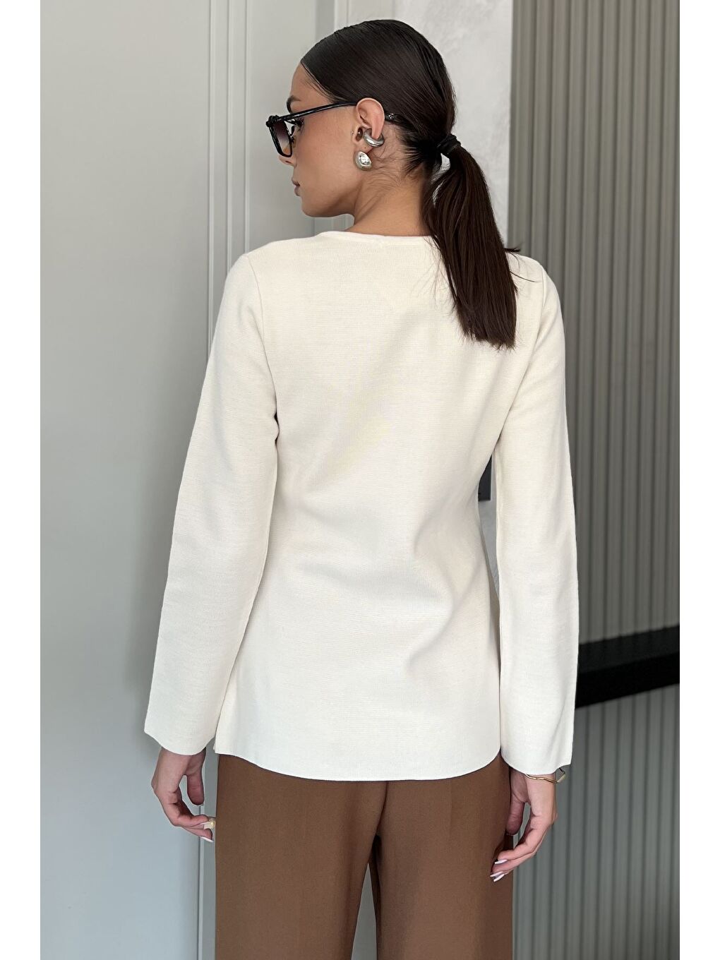 Ekru Taşlı Triko Hırka-4