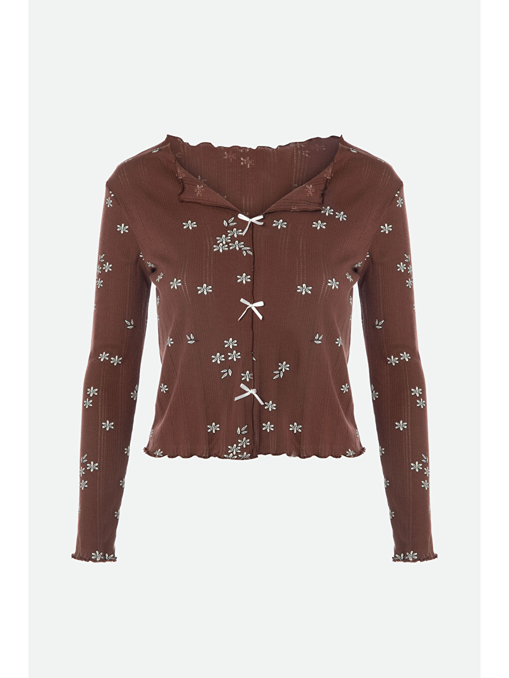 Kahverengi Kadın Pamuklu Çıtır Çiçek Desenli Baby Overloklu Fiyonk Detaylı Uzun Kollu Pijama Takımı-1