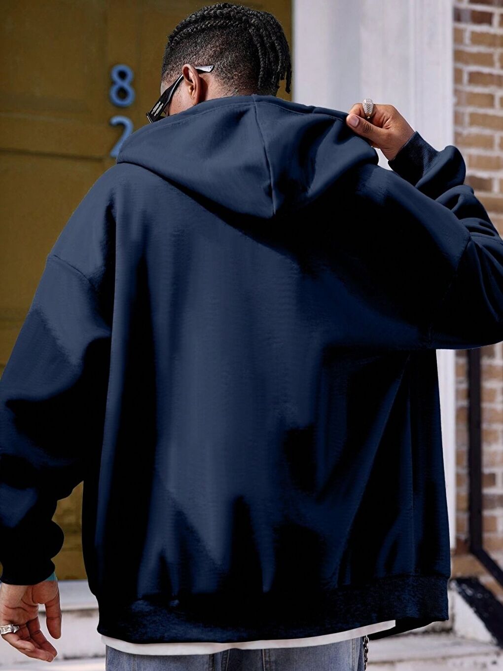 Lacivert Laci Kapüşon Detay Fermuarlı Erkek Hırka-1