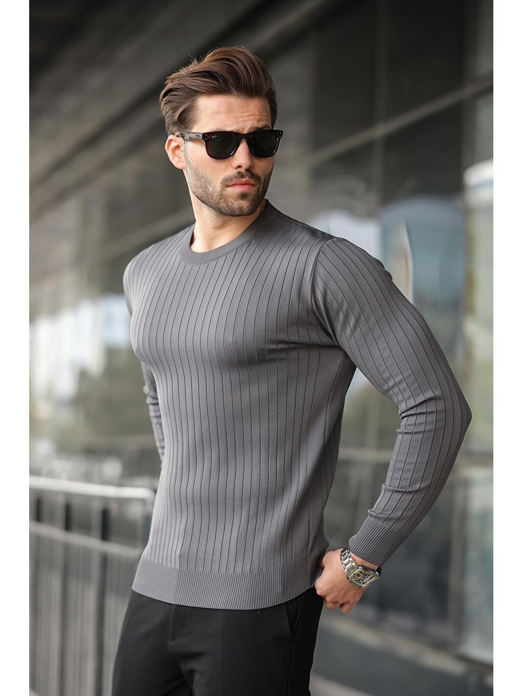 Antrasit Bisiklet Yaka Çizgili Uzun Kollu Kazak E7273