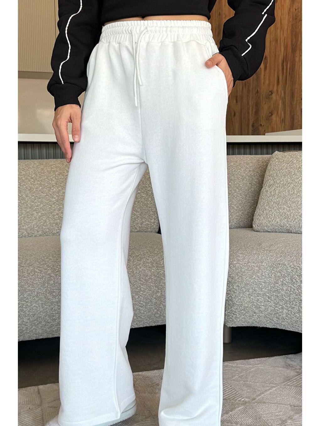 Ekru Kadın Bel Lastikli Palazzo Eşofman Altı-1