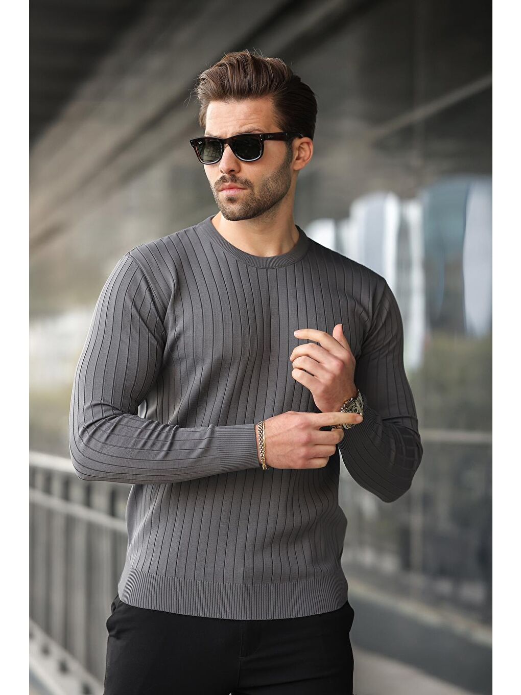 Antrasit Bisiklet Yaka Çizgili Uzun Kollu Kazak E7273-1