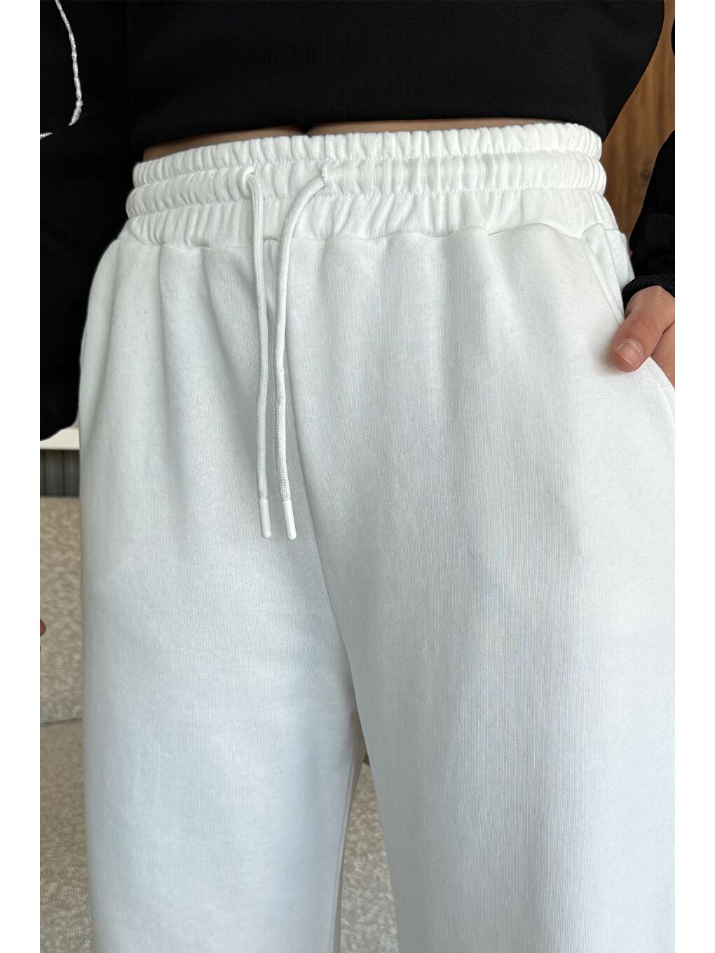Ekru Kadın Bel Lastikli Palazzo Eşofman Altı-2