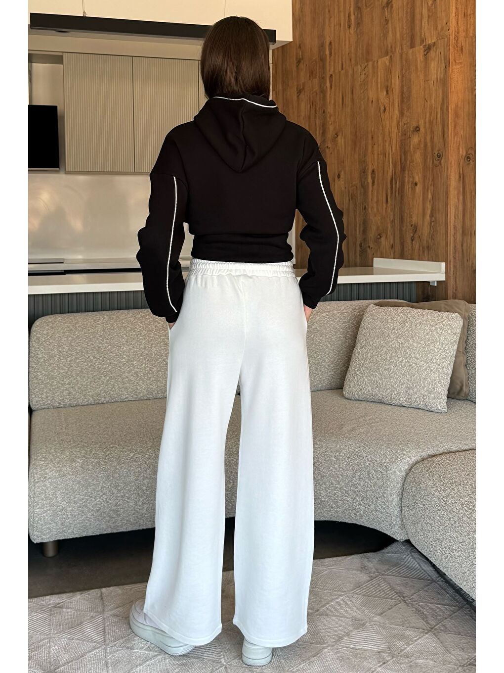 Ekru Kadın Bel Lastikli Palazzo Eşofman Altı-3