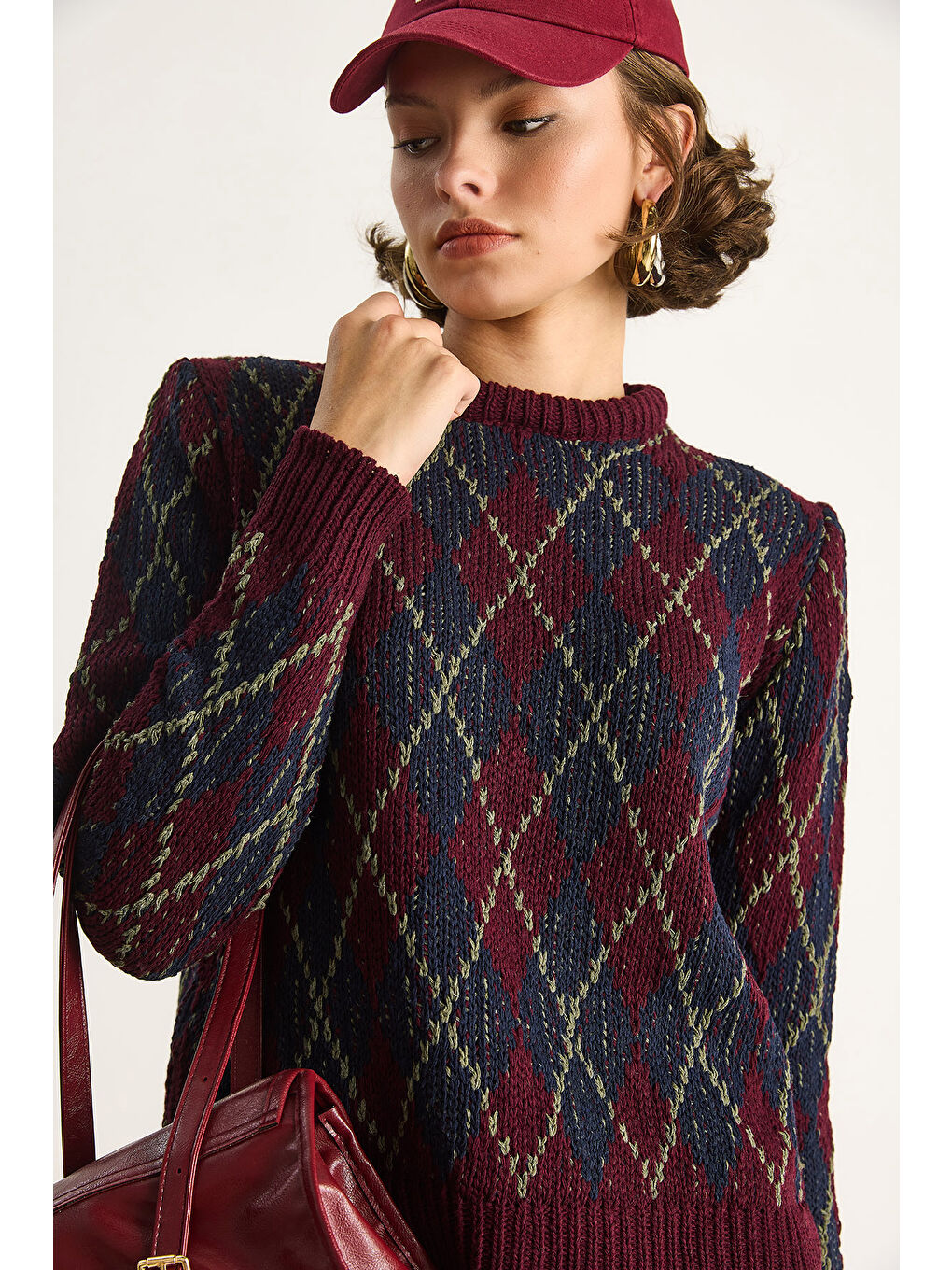 Bordo Kadın Baklavalı Kazak-3