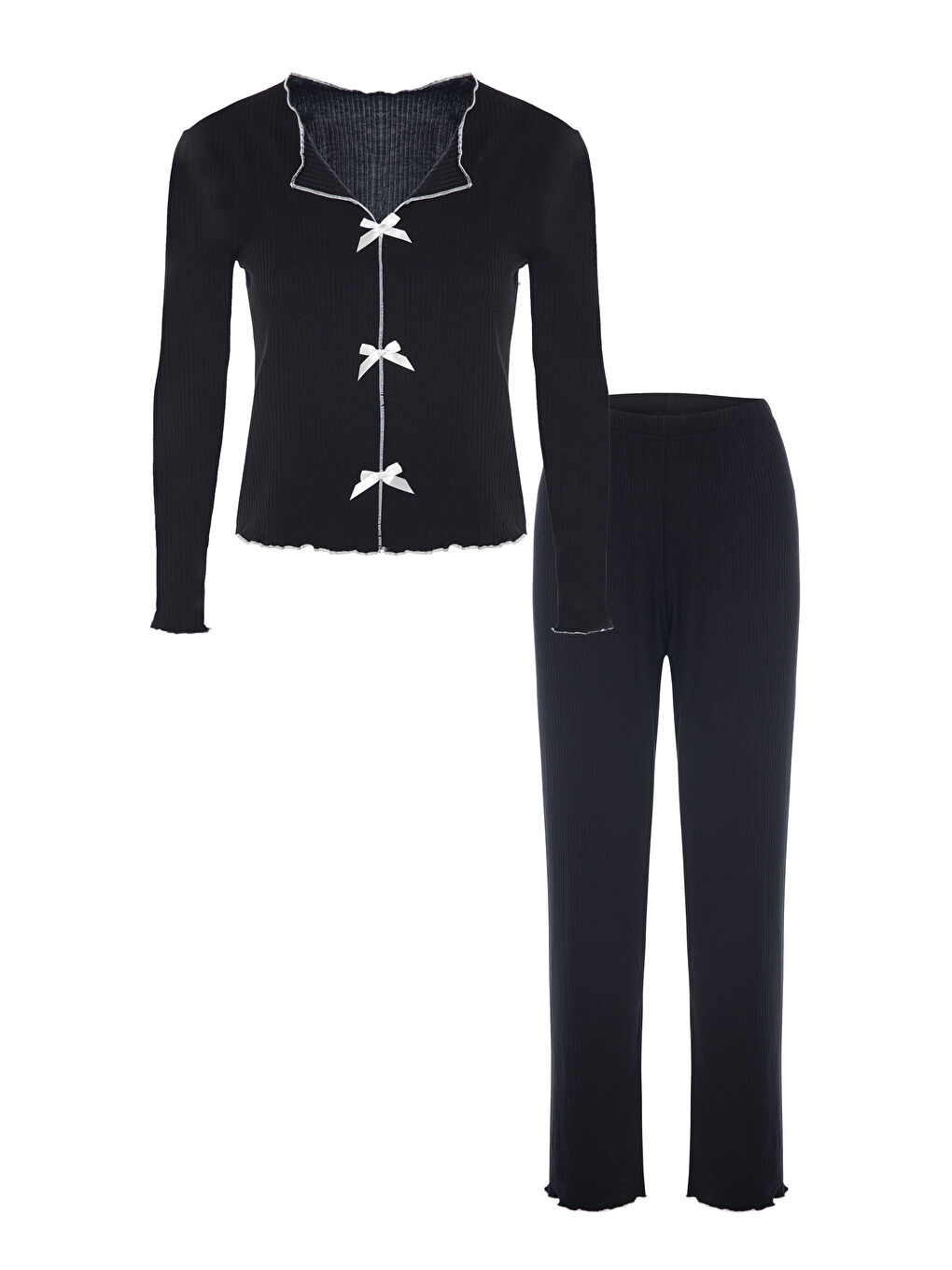 Siyah Kadın Pamuklu Çıtır Çiçek Desenli Baby Overloklu Fiyonk Detaylı Uzun Kollu Pijama Takımı