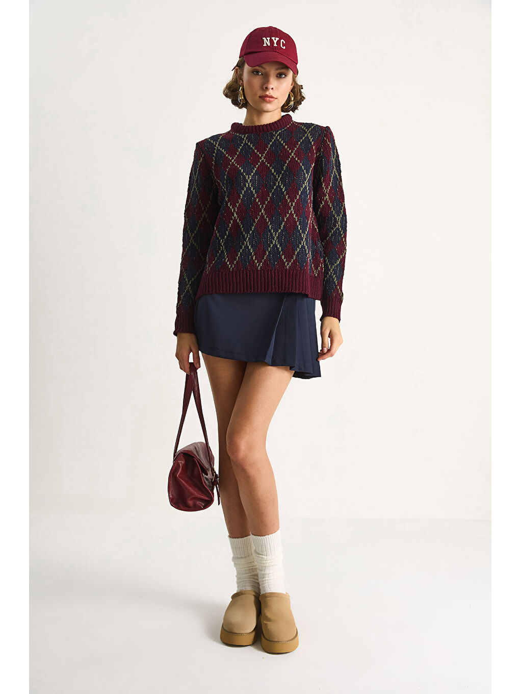 Bordo Kadın Baklavalı Kazak-4