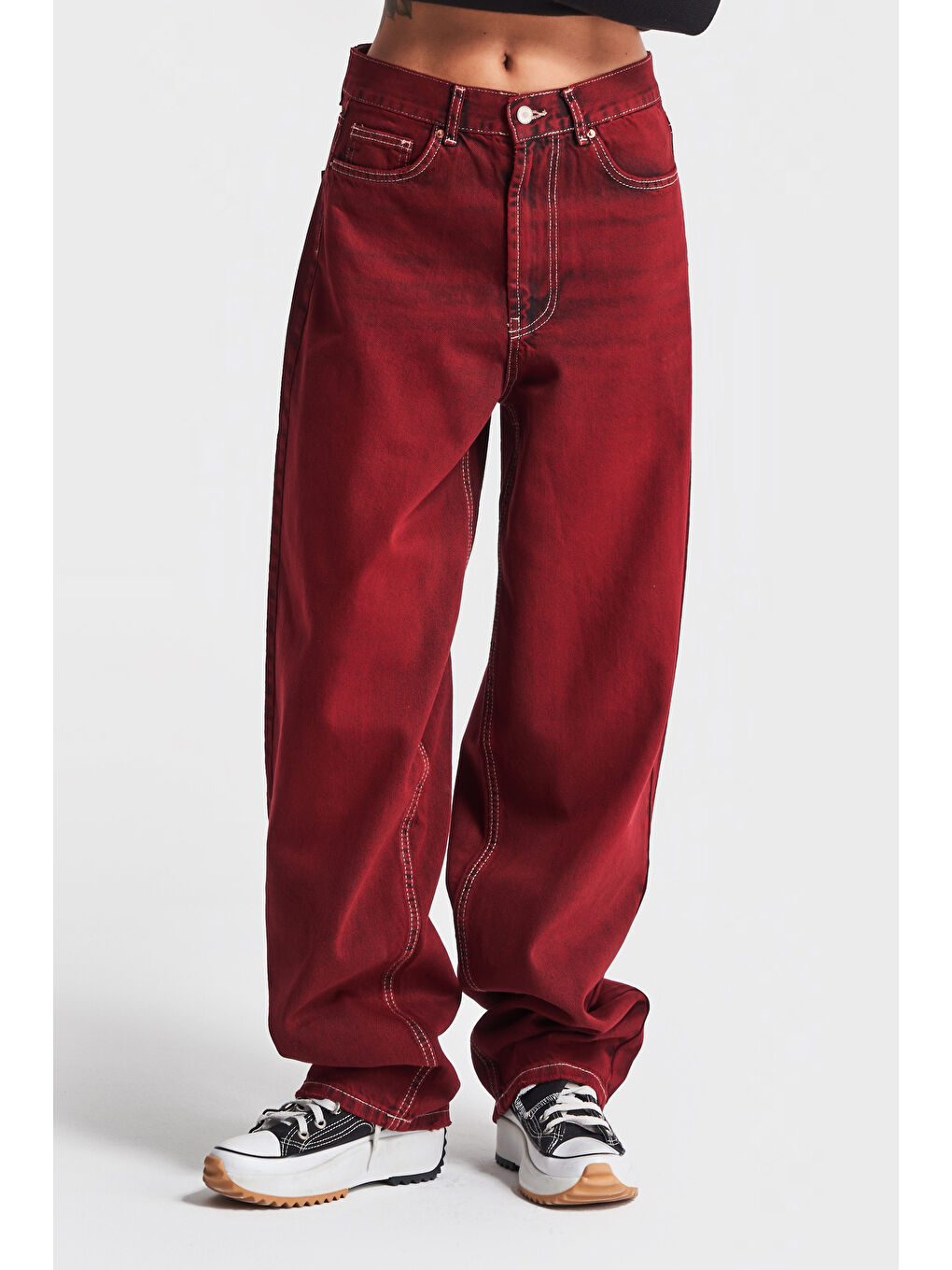 Kadın Bordo Renk 20W4 35 Skater Fit Orta Bel  100 Pamuk Özel Yıkama Denim Jean