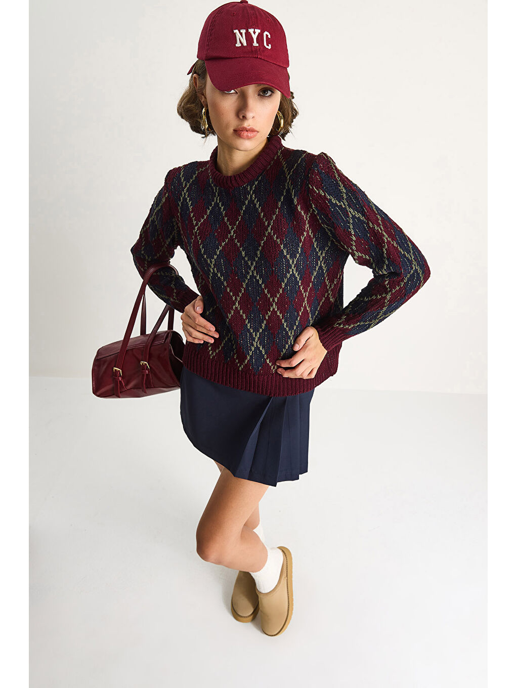 Bordo Kadın Baklavalı Kazak-5