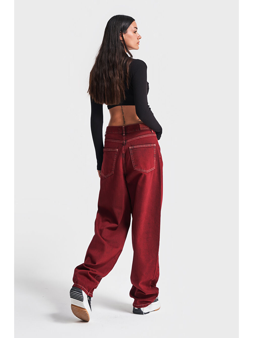 Kadın Bordo Renk 20W4 35 Skater Fit Orta Bel  100 Pamuk Özel Yıkama Denim Jean-2