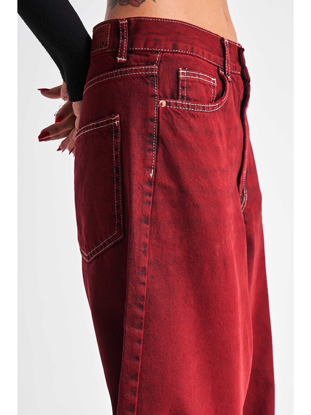 Kadın Bordo Renk 20W4 35 Skater Fit Orta Bel  100 Pamuk Özel Yıkama Denim Jean-4