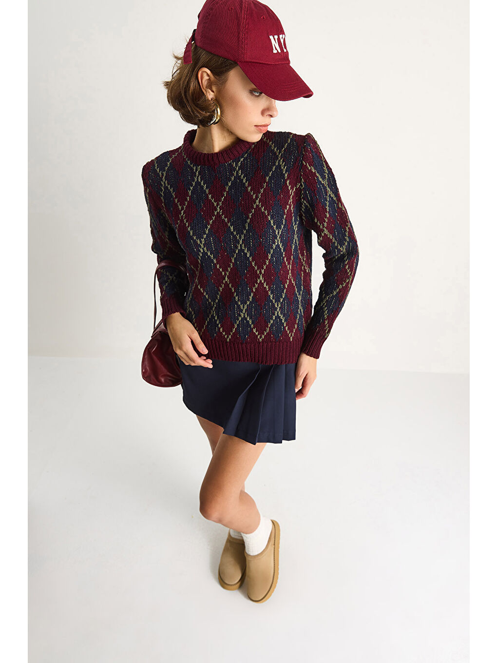 Bordo Kadın Baklavalı Kazak-6