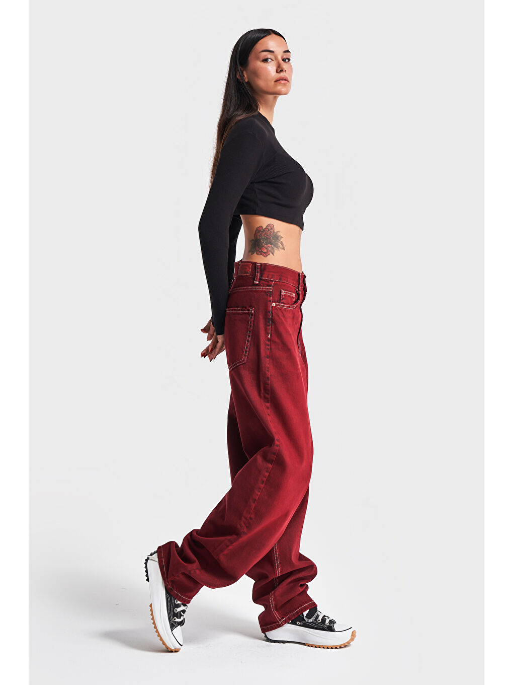 Kadın Bordo Renk 20W4 35 Skater Fit Orta Bel  100 Pamuk Özel Yıkama Denim Jean-5