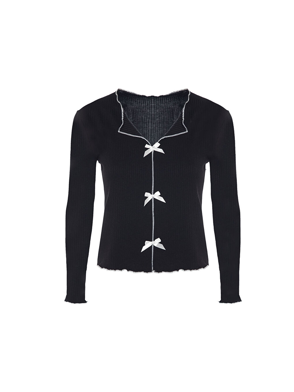 Siyah Kadın Pamuklu Çıtır Çiçek Desenli Baby Overloklu Fiyonk Detaylı Uzun Kollu Pijama Takımı-1