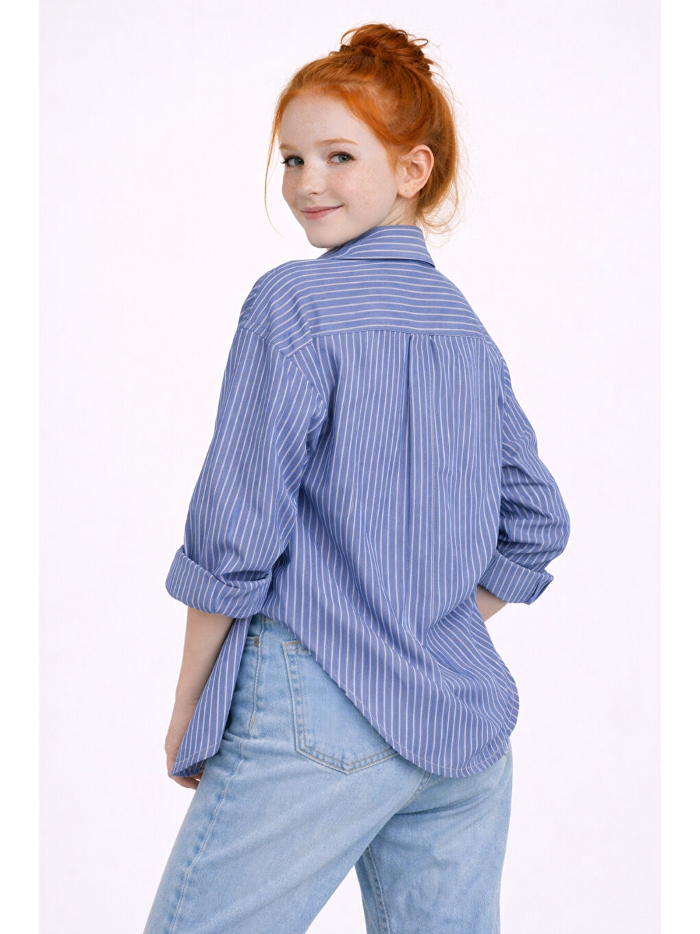 Lacivert Kız Çocuk Çizgili Taşı Crop Badili Gömlek Takım Ak2606-1