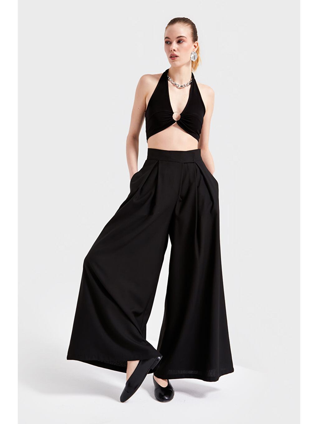 Kadın Siyah Renk S5-1 Dokuma Kumaş Süper Palazzo Rahat Kesim Kumaş Pantolon